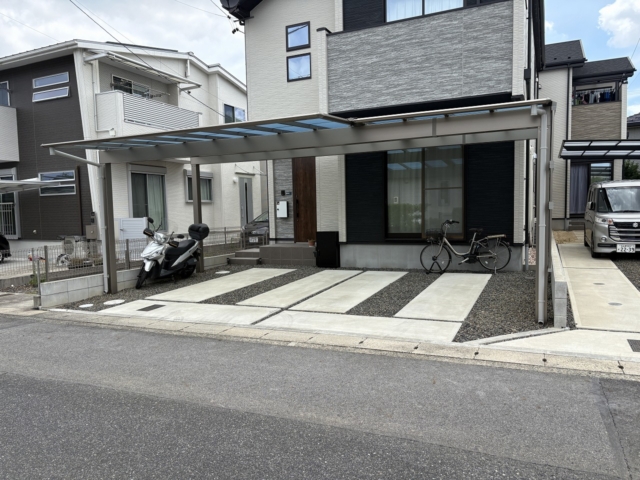 尾張旭市　3台用カーポート　三協アルミ　スカイリード（5048+5024）奥行カット　側面パネル（台形+05+08）