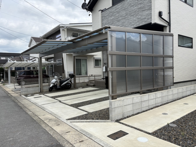 尾張旭市　3台用カーポート　三協アルミ　スカイリード（5048+5024）奥行カット　側面パネル（台形+05+08）