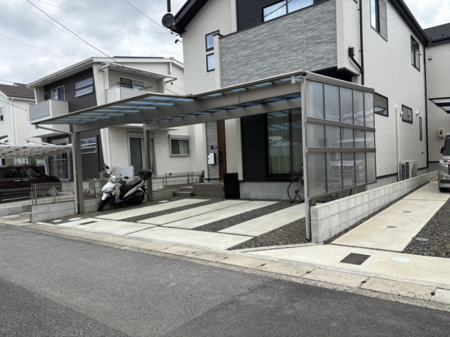 尾張旭市　3台用カーポート　三協アルミ　スカイリード（5048+5024）奥行カット　側面パネル（台形+05+08）