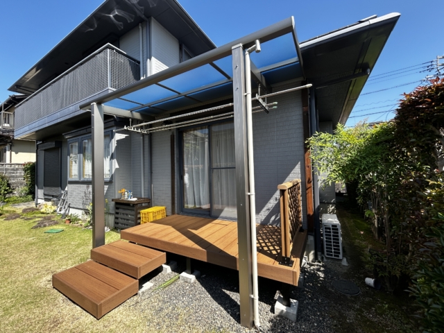 尾張旭市　木製デッキ解体処分　ウッドデッキ工事　三協ｳﾞｨﾗｳｯﾄﾞ　テラス屋根独立　三協レボリューD